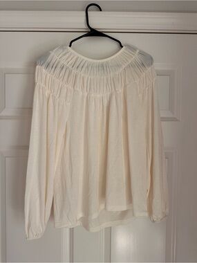 Ann Taylor Cream Smocked Yoke Long Sleeve Blouse